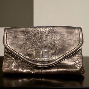 Gunmetal Gray Faux Croc Clutch Handbag with Removable Shoulder Strap